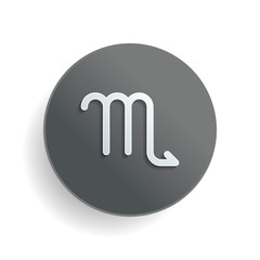 Poster - Astrological sign. Scorpio simple icon. White paper symbol on gray round button or badge with shadow