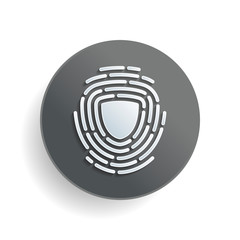 Poster - Shield in fingerprint. Logo of protect private id. Security icon. White paper symbol on gray round button or badge with shadow