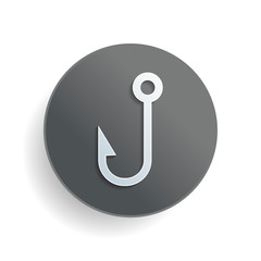 Poster - Fishing hook. Simple icon. White paper symbol on gray round button or badge with shadow