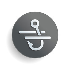 Poster - Fishing hook and water. Simple icon. White paper symbol on gray round button or badge with shadow