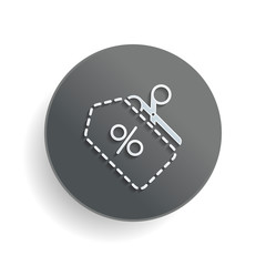 Poster - Scissors and Sale label. Simple icon. White paper symbol on gray round button or badge with shadow