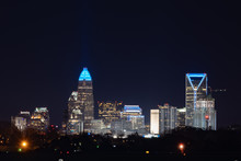 View Of Uptown Downtown Charlotte, North Carolina Skyline At Night As Seen From The CLT Airport