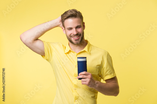 Man Handsome Bearded Hipster Hold Plastic Bottle Shampoo Or Shower