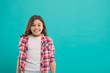© be free - Sincere excitement. Kid girl long healthy shiny hair wear casual clothes. Exciting moments. Little girl excited happy face. Kid happy cute face feels excited blue background. Excitement emotion
