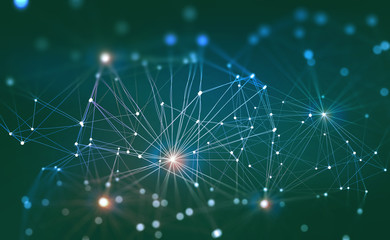 Aufkleber - Artificial intelligence. Digital neural network based on the human brain. Computer mind of the future. 3D illustration of a polygonal mesh with bright flashes
