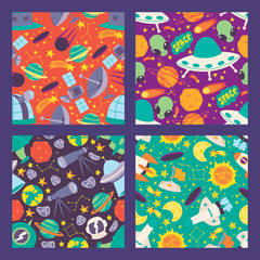 Wall Mural - Space seamless pattern. Planets, moon, satellites, rockets and stars. Cartoon alliens and UFO spaceship icons vector illustration. Exploring space with telescope.