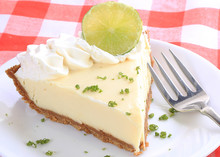 Closeup Of Piece Of Key Lime Pie Garnished With Lime Slice And Zest