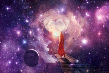 Poster - young abstract digital beautiful woman in a red dress going through another dimension world artwork