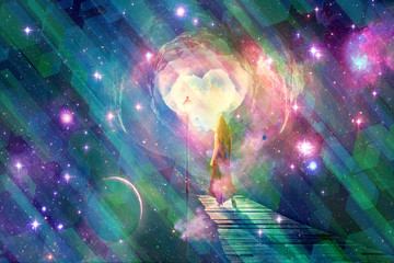 Poster - abstract multicolored mirror effect on a digital abstract woman exploring galaxies artwork