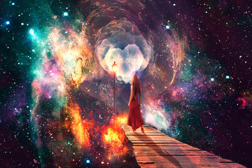 Poster - artistic colorful beautiful digital woman stands alone in a multicolored universe artwork
