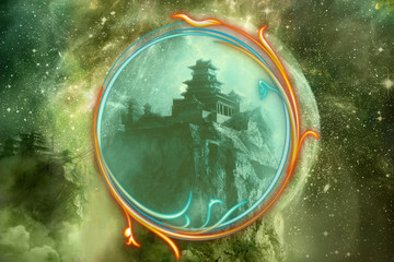 Poster - abstract colorful mirror as a backdoor to another dimensional world of a castle in an abstract galax