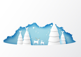 Winter season with origami christmas trees and deers wildlife background paper art style for merry christmas and happy new year.Vector illustration.