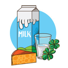 Vector glass of milk with package and piece of cheese