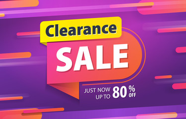 Wall Mural - Yellow pink tag Clearance sale 80 percent off promotion website banner heading design on graphic purple background vector for banner or poster. Sale and Discounts Concept.