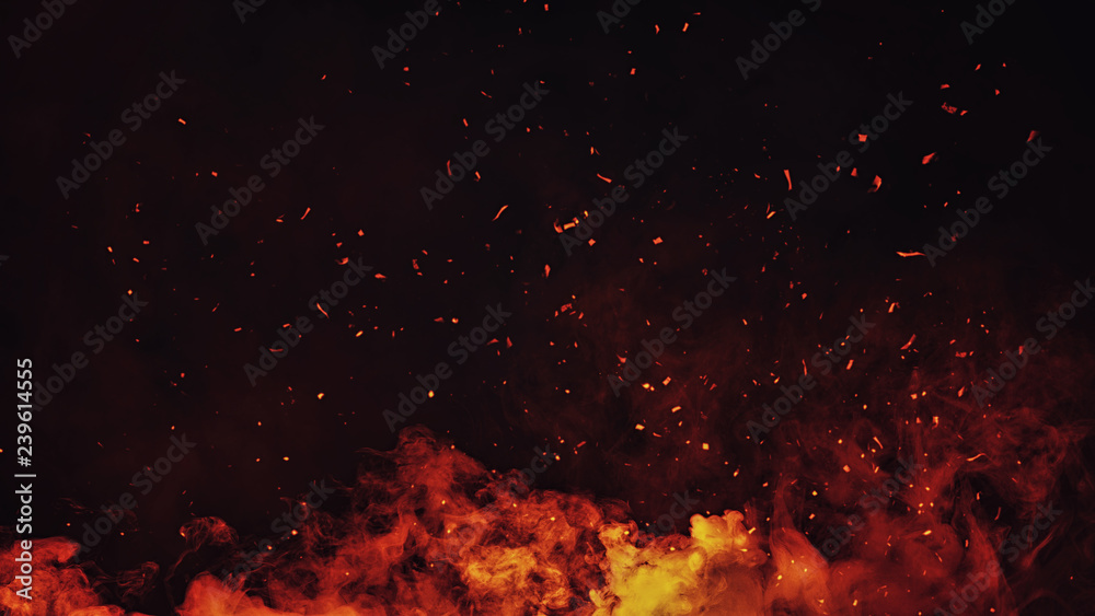 Perftect fire particles embers on background . Smoke fog misty texture ...