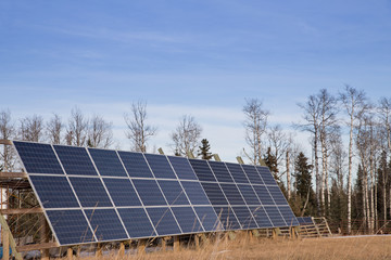 bank of solar panels under a blue sky