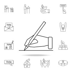Poster - hand with a pencil icon. Detailed outline set of elections element icons. Premium graphic design. One of the collection icons for websites, web design