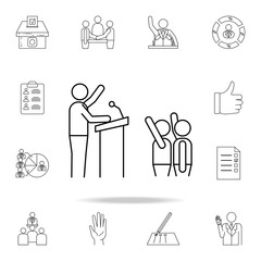 Poster - a man on the rostrum in front of voters icon. Detailed outline set of elections element icons. Premium graphic design. One of the collection icons for websites, web design