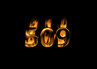 3D number 509 with flames black background