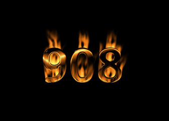 Wall Mural - 3D number 908 with flames black background
