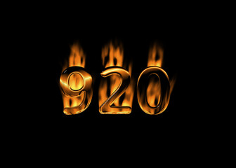 Wall Mural - 3D number 920 with flames black background