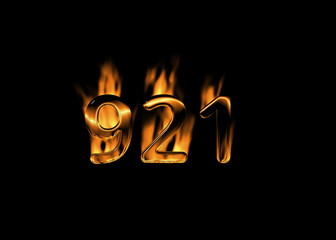 Wall Mural - 3D number 921 with flames black background