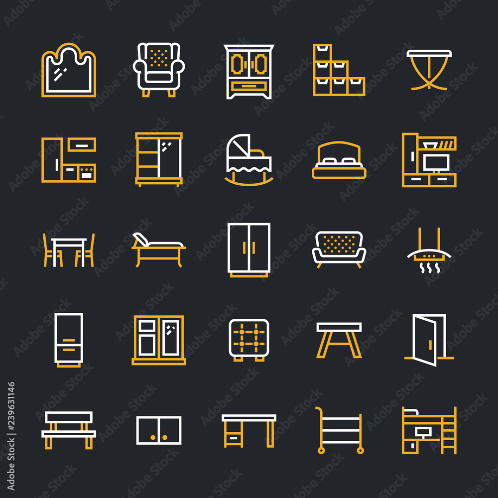Furniture vector flat line icons. Living room tv stand, bedroom, baby ...