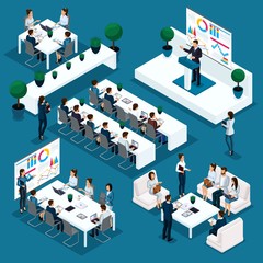Wall Mural - isometric people person, 3d businessmen, leader's speech on demand, indicators and schedules educati