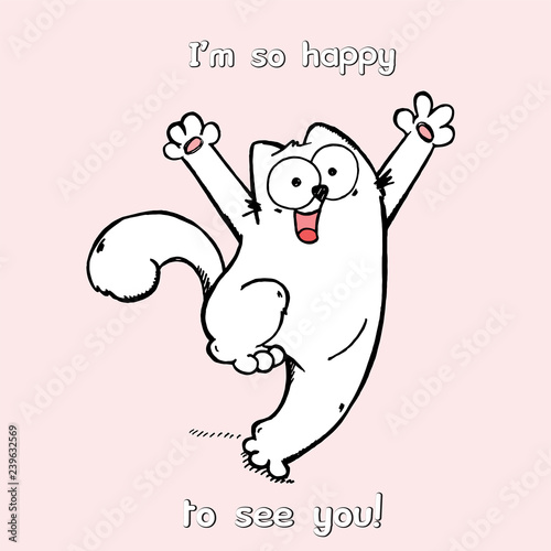 Vector illustration of cute cartoon hand drawn white cat with open ...