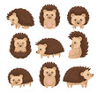 Cute hedgehog in various poses set, prickly animal cartoon character with funny face vector Illustration on a white background