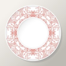 Decorative Plate With Ornamental Border By Red Lines. Vector Illustration.