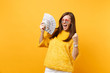 © ViDi Studio - Joyful woman in heart glasses screaming clenching fist like winner holding bundle lots of dollars cash money isolated on bright yellow background. People sincere emotions, lifestyle. Advertising area.