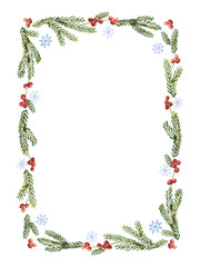 Wall Mural - Watercolor vector Christmas frame with snowflakes, berries and fir branches.