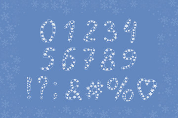 Fototapete - Alphabet frozen design with snowflakes. Numbers and punctuation marks. EPS 10