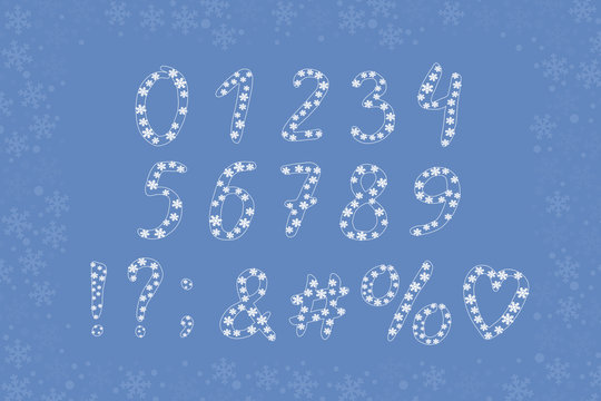 Alphabet frozen design with snowflakes. Numbers and punctuation marks. EPS 10