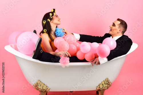 Your Hair Care Routine Couple Of Mime Man And Sexy Woman Enjoy