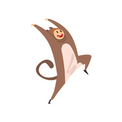 Wall Mural - Smiling man wearing monkey costume, person in jumpsuit or kigurumi having fun vector Illustration on a white background