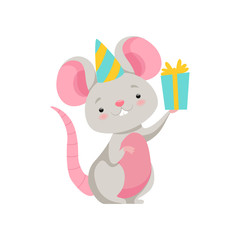 Poster - Cute mouse in party hat holding gift box, funny animal cartoon character vector Illustration on a white background