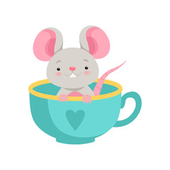 Canvas Print - Cute mouse sitting in a ceramic cup, funny animal cartoon character vector Illustration on a white background