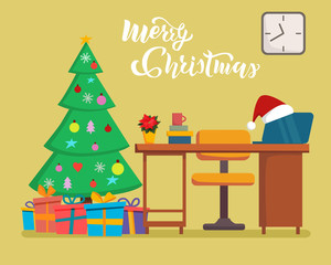 The Christmas office interior cartoon design with table, fir tree, presents. Freelancer, designer office workstation. Business concept vector illustration