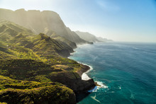 Green Hills And Cliffs Of Tamadaba Natural Park On The Coast Of The Ocean Near Agaete, Gran Canaria Island, Spain