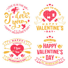 Wall Mural - Set of Happy Valentines Day sign. Stamp, card with key, bird, amur, arrow, heart. Vector. Vintage typography design for invitations, Valentines Day romantic celebration emblem in retro style.