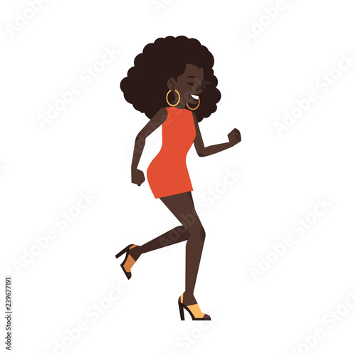Vector Illustration Of African Woman Dancing Disco In Flat Cartoon Style Female Character Wearing Dress And Hair In 70s Style Doing Dance Moves And Having Fun Isolated On White Background