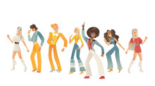 Disco Dancing People Vector Illustration Set With Various Men And Women With Retro Clothes And Hairstyles In Cartoon Gradient Style Isolated On White Background. Dancers In 70s Fashion Style.