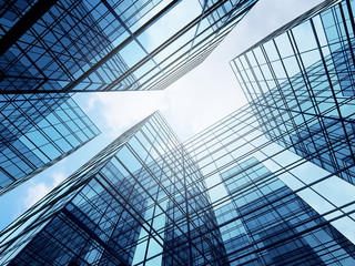 view of high rise glass building and dark steel window system on blue clear sky background,business 