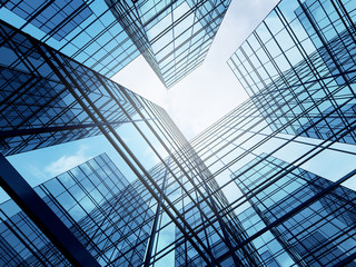 view of high rise glass building and dark steel window system on blue clear sky background,business 