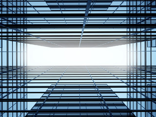 Aufkleber - View of high rise glass building and dark steel window system on blue clear sky background,Business concept of future architecture,looking up to the sun light on the top of building. 3d render