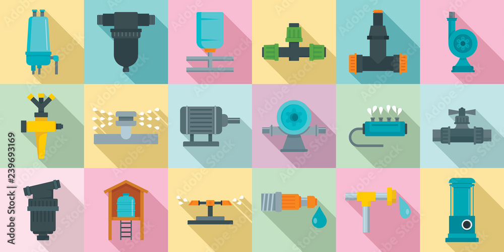 Irrigation system icon set. Flat set of irrigation system vector icons ...