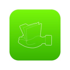Poster - Hand holding file folder icon green vector isolated on white background