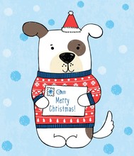 Vector Illustration Of Cute White Hand Drawn Sketch Dog In Red Polka Dot Sweater, Hat And Letter In His Hand On Scratched Grunge Background With Snowflakes. Fashion Card For New Year. Merry Christmas